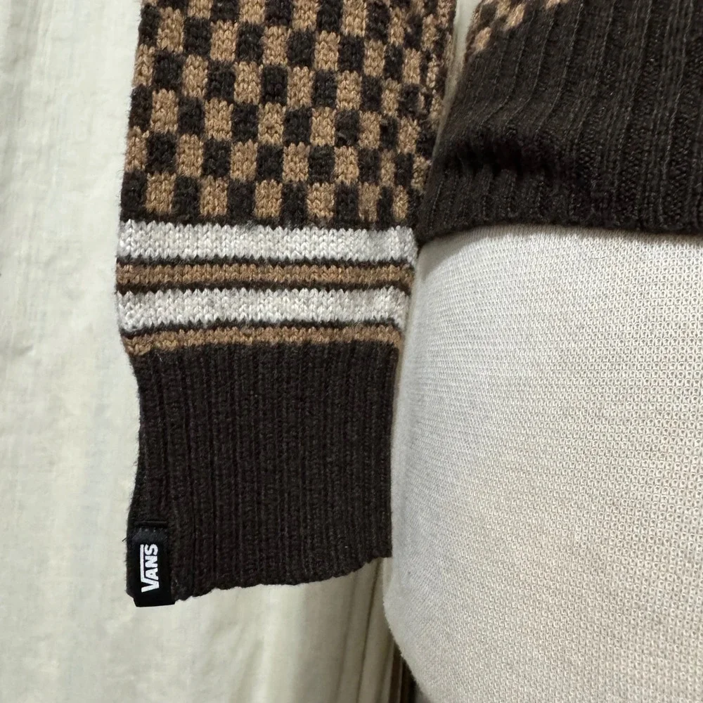 Vans Rare Retro Hooded Cardigan Sweater Brown Checkerboard Geometric Knit Size M